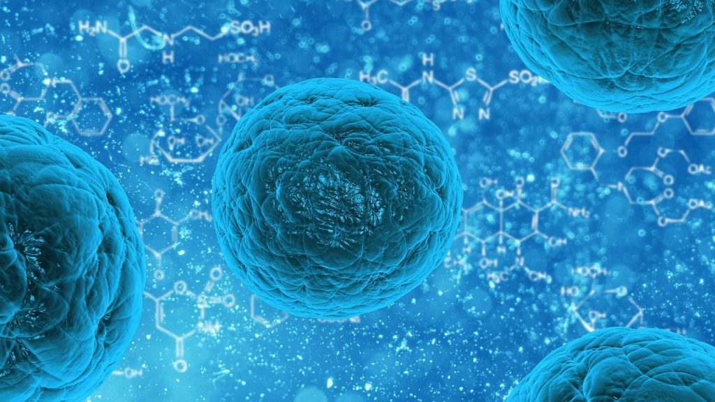 Cellules bleues avec des codes d'ADN